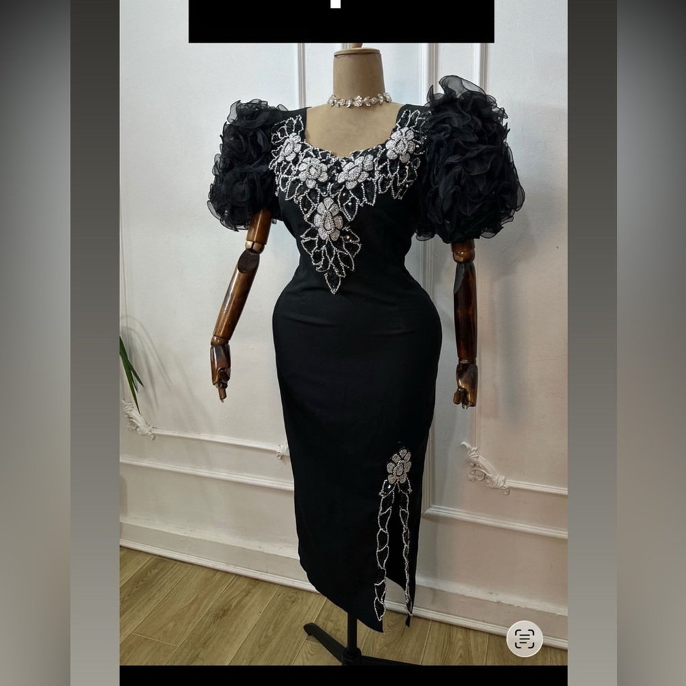 Elegant Black Beaded Puff Sleeve Midi Dress